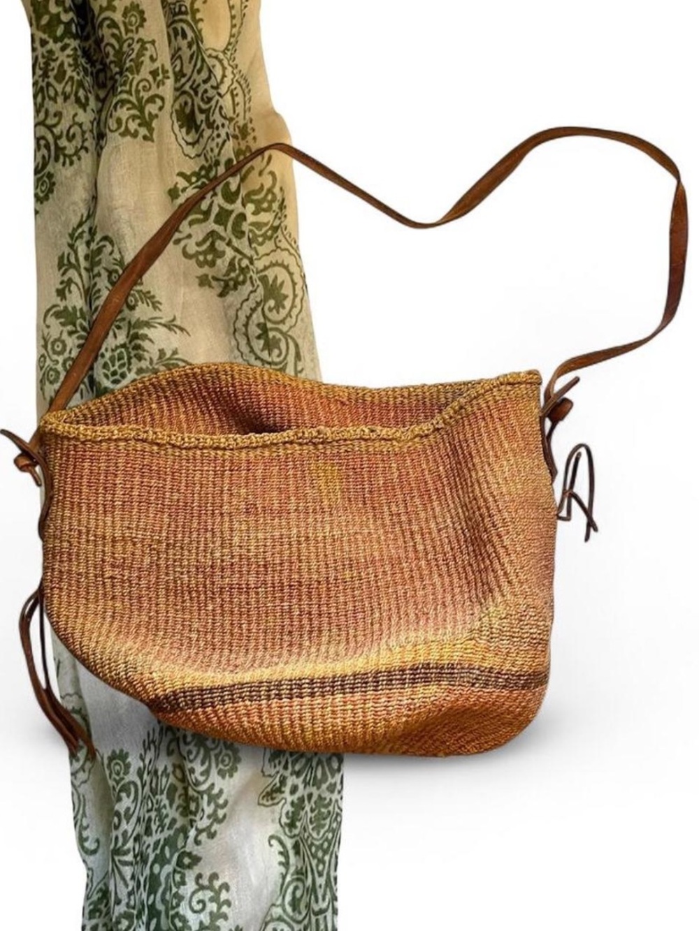 Vtg African Kiondo Market Bag Purse Leather Straps Sisal Handwoven Large Boho